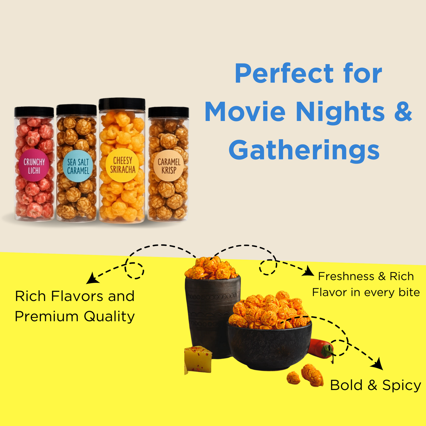 
                  
                    Assorted gourmet popcorn snack box for movie nights and gifting.
                  
                