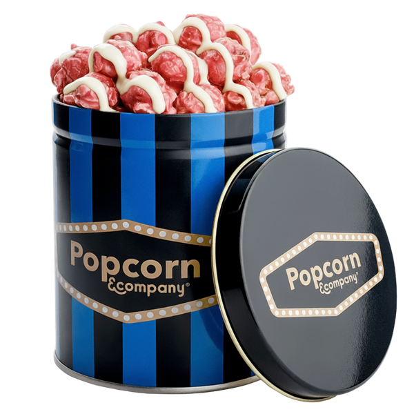 Premium blueberry popcorn in a decorative gift tin