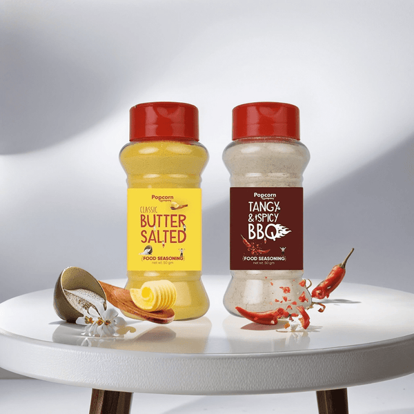 Classic Butter Salted + Tangy and Spicy BBQ Popcorn Seasoning 140 GM (Pack of 2) - Popcorn & Company 