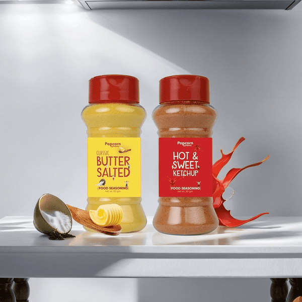 Classic Butter Salted + Hot and Sweet Ketchup  Popcorn Seasoning 140 GM (Pack of 2) - Popcorn & Company 