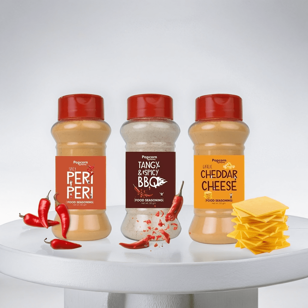 
                  
                    Cheddar Cheese + Tangy and Spicy BBQ + Peri Peri Popcorn Seasoning 180 GM (Pack of 3) - Popcorn & Company 
                  
                