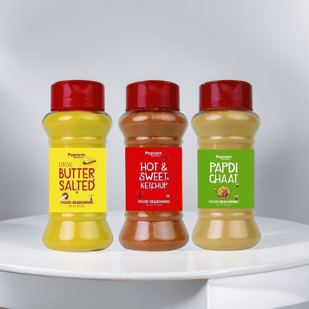 Classic Butter Salted + Hot & Sweet Ketchup + Papdi Chaat Popcorn Seasoning 200 GM (Pack of 3) - Popcorn & Company 