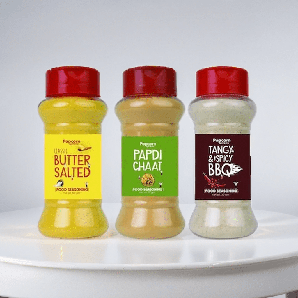 Classic Butter Salted + Papdi Chaat + Tangy and Spicy Popcorn Seasoning (Pack of 3) - Popcorn & Company 