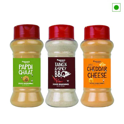 Papdi Chaat + Tangy and Spicy BBQ + Cheddar Cheese Popcorn Seasoning 180 GM (Pack of 3) - Popcorn & Company