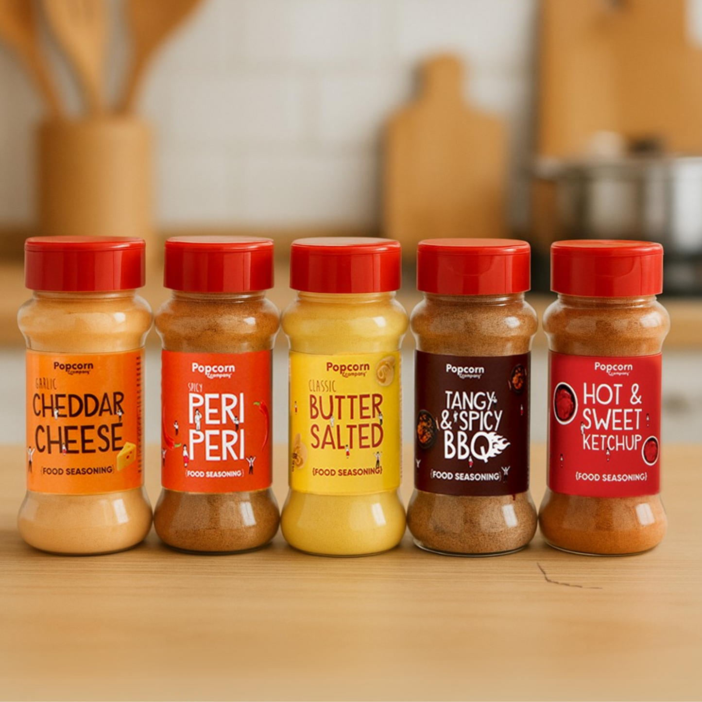 
                  
                    popcorn Seasoning Set with Cheddar Cheese, Peri Peri, Tangy Barbeque, Butter Salt, and Hot & Sweet Ketchup flavors
                  
                