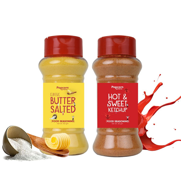 Classic Butter Salted + Hot and Sweet Ketchup  Popcorn Seasoning 140 GM (Pack of 2) - Popcorn & Company 