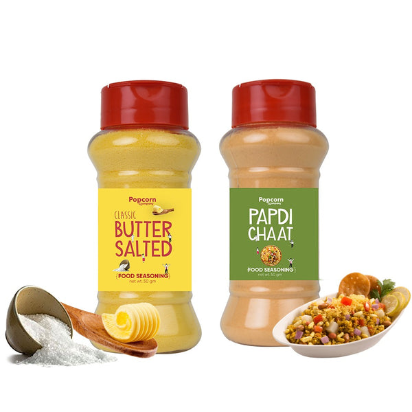 Classic Butter Salted + Papdi Chaat  Popcorn Seasoning 140 GM (Pack of 2) - Popcorn & Company 