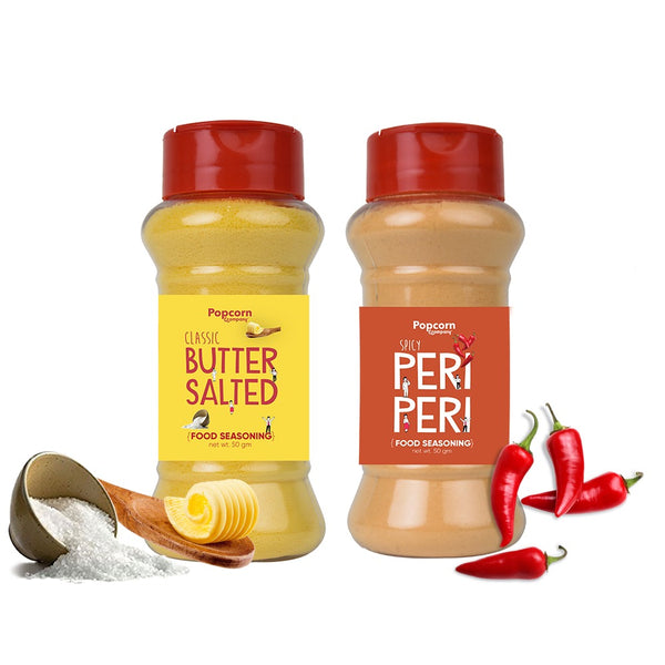 Classic Butter Salted + Peri Peri Popcorn Seasoning 140 GM (Pack of 2) - Popcorn & Company 