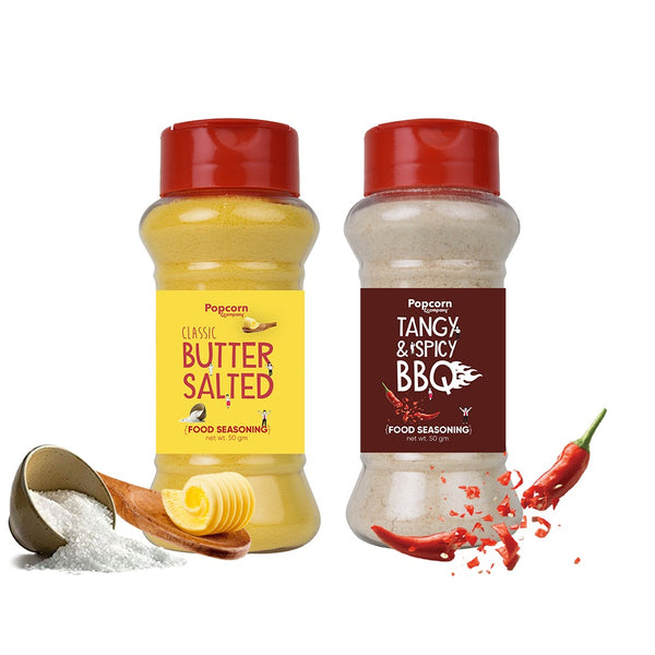 Classic Butter Salted + Tangy and Spicy BBQ Popcorn Seasoning 140 GM (Pack of 2) - Popcorn & Company 